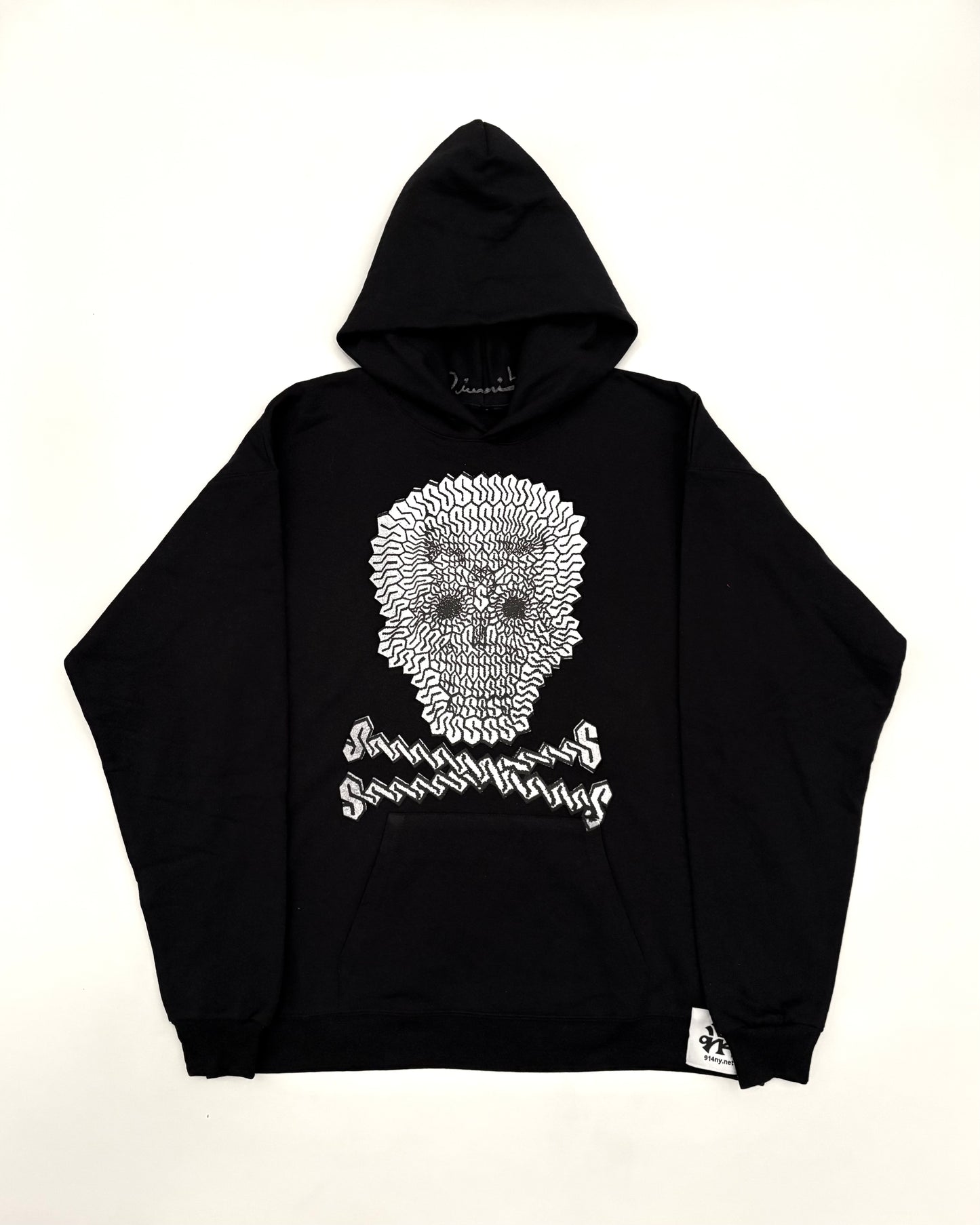SIZE L : INFAMOUS 'S' SKULL HOODIE : BLACK