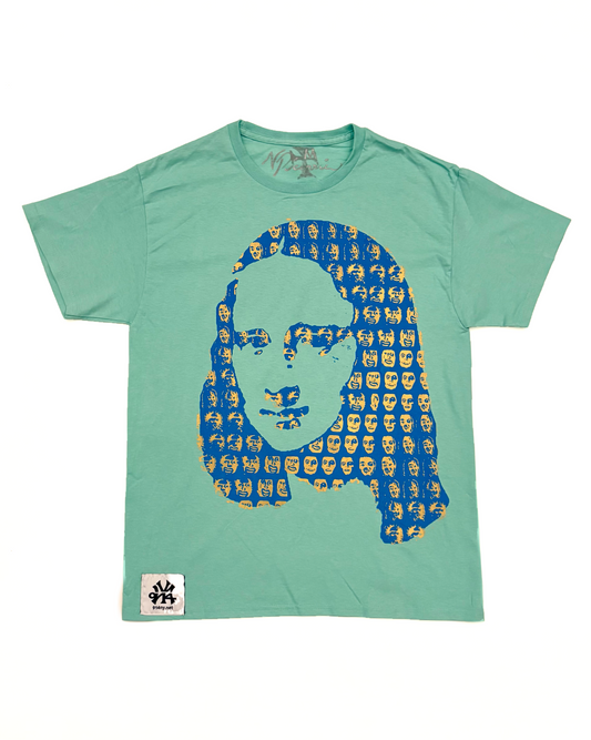 SIZE M : MONA LISA GOLD LEAF PRINT ; LIGHT BLUE WITH GOLD ON TEAL